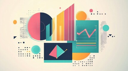 Poster - Abstract graphic design featuring charts, shapes, and colors for data visualization.