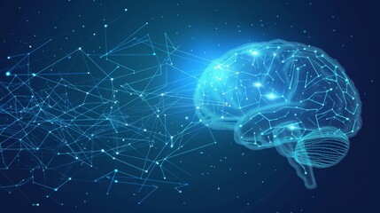 Aufkleber - A glowing blue brain is connected to an intricate web of digital lines, illustrating the concept of artificial intelligence and neural networks. The vibrant, futuristic visuals are ideal for tech and