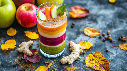 Wall Mural - vibrant layered juice with beetroot, apple, carrot, and ginger, surrounded by autumn leaves and fresh ingredients, evokes sense of freshness and health