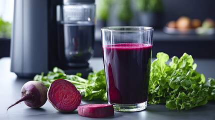 Wall Mural - glass of fresh beetroot juice sits next to juicer, surrounded by vibrant beetroot and leafy greens, creating healthy and refreshing scene