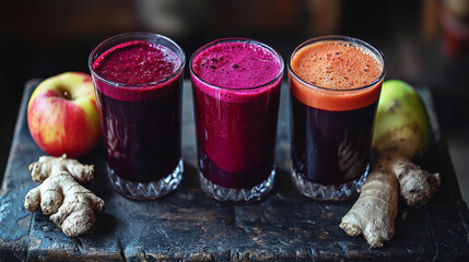 Wall Mural - Three glasses of vibrant homemade beetroot, apple, carrot, and ginger juice sit on rustic wooden table, surrounded by fresh ingredients, showcasing healthy and refreshing drink option