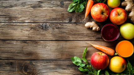 Wall Mural - Fresh apples, carrots, ginger, and leafy greens with beetroot and carrot juice on rustic wooden background create vibrant and healthy composition