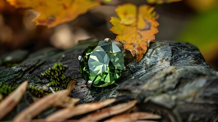 Poster - A green gemstone resting on a textured surface surrounded by autumn leaves.