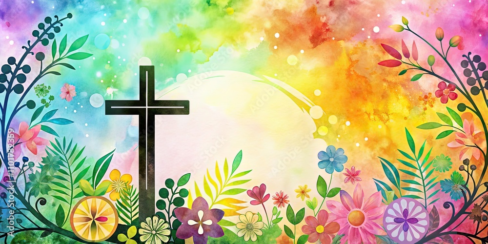 Christian Cross Clipart with Watercolor Easter Theme Border and Banner ...