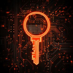 Poster - A vibrant orange key symbol on a digital circuit board background, representing cybersecurity and data protection.