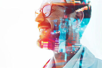 Poster - a double exposure illustration of a specialist worker against a background of urban lights generativ