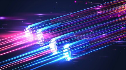Poster - A futuristic depiction of three glowing objects emitting colorful light trails, suggesting speed and technology.