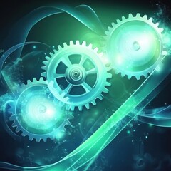 Poster - Abstract representation of gears in a vibrant, glowing design with blue and green tones, symbolizing innovation and technology.