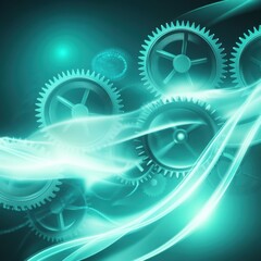 Poster - Abstract image of translucent gears in teal tones, symbolizing technology and innovation.
