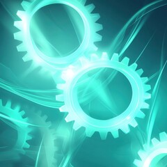 Poster - Abstract illustration of glowing gears in a turquoise color scheme, symbolizing innovation and technology.