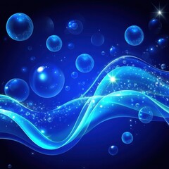 Poster - Abstract blue waves with luminous bubbles create a dynamic, flowing composition that evokes tranquility and depth.