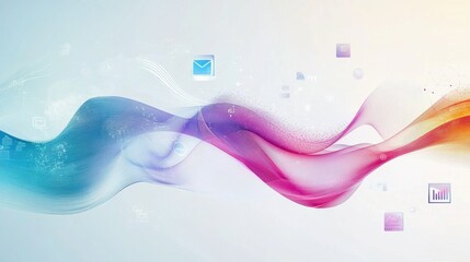 Poster - Abstract digital design with colorful waves and icons representing communication and data.