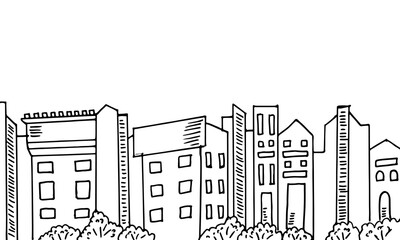 Cartoon doodle illustration black outline of a buildings city skyline.