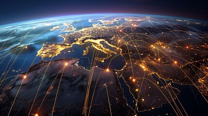 Poster - Aerial view of Europe and the Middle East at night, highlighting urban areas with glowing lights and network connections.
