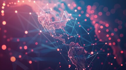 Poster - A digital representation of North and Central America with interconnected nodes and lines, symbolizing data and connectivity.