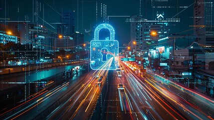 Poster - A digital lock symbol over a busy cityscape, representing cybersecurity and technology.