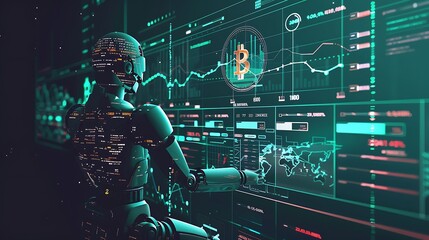 Poster - A futuristic robot analyzing cryptocurrency data on a digital interface.