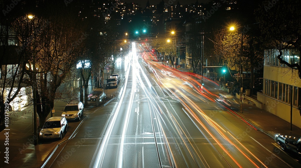Dynamic Light Trails of Traffic on Busy City Street at Night Stock ...