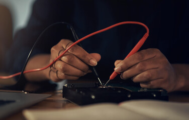 Poster - Circuit board, hands and soldering iron with IT technician in office for maintenance or repair. Building, hardware and technology with computer engineer fixing mobo connection in workshop closeup
