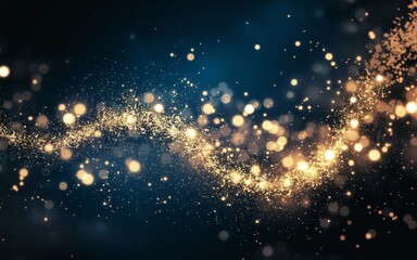 Wall Mural -  dark blue background with a stream of golden particles flowing across it. Interspersed with the golden particles are glowing orbs of varying sizes and intensities.