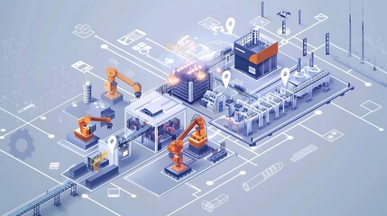 Poster - A digital illustration of a modern industrial facility with robotic arms and interconnected systems for automation.