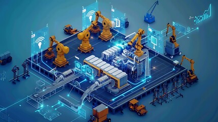 Poster - A futuristic industrial scene featuring robotic arms, machinery, and digital interfaces for automation and data analysis.