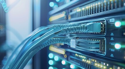 Poster - A close-up view of network cables connected to a server, highlighting data center infrastructure.