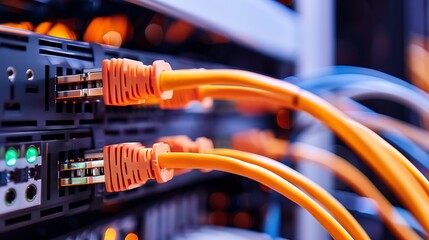 Poster - Close-up of network cables connected to a server, highlighting technology infrastructure.