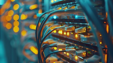 Poster - A close-up view of a server rack with illuminated network cables and ports, showcasing technology infrastructure.