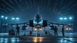 © Hafazho - Dramatic Nighttime Scene of Military Jet in Hangar with Ground Crew Illuminated by Blue Lights and Tactical Equipment Ready for Operations