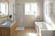 © Analogue - Modern and Stylish Bathroom Interior Featuring a Walk-In Shower, Bathtub, Wooden Vanity, Natural Lighting, and Minimalist Design Elements for Contemporary Living Spaces
