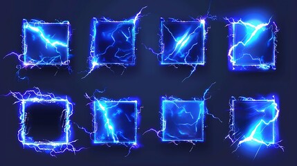 Poster - A collection of blue lightning-themed square frames for graphic design use.
