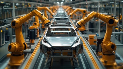 Poster - Robotic Automation in Modern Car Manufacturing, Assembly Line Machinery with Yellow Robotic Arms and Vehicle Chassis in Production Environment