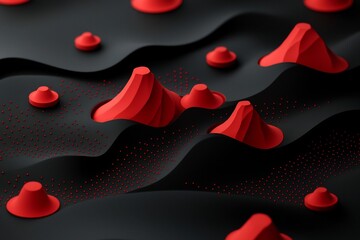Poster - Captivating Crimson Waves   Abstract 3D landscape featuring a visually striking wave like pattern of red dots and lines forming mountainous shapes set against a clean black background in a modern
