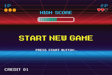 Poster - START NEW GAME. play .pixel art .8 bit game. retro game. for game assets in vector illustrations.