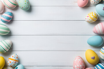 Pastel Easter eggs with beautiful designs form a decorative frame on a clean white wooden surface, perfect for celebrations.