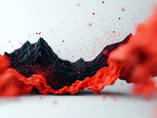 Poster - Dynamic abstract 3D landscape with a powerful flow of red dots and lines creating a wave like mountainous visualization on a clean white backdrop