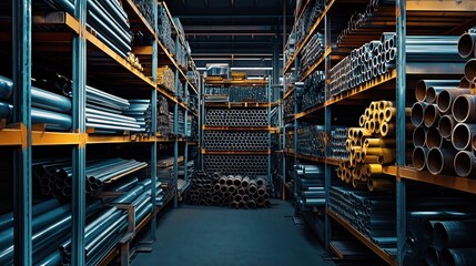 Poster - Industrial warehouse storage with metal pipes and tubes arranged neatly on shelves, showcasing an organized and efficient inventory system