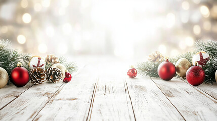 Aufkleber - Festive Christmas background with a wooden table and decorations against a bokeh light backdrop. Ideal for New Year product display and banner design mockups. Christmas tree adorned with golden and re