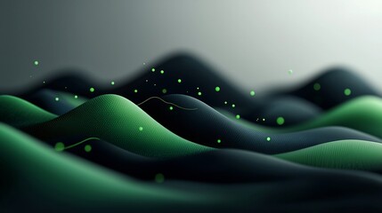 Poster - Ethereal Mountain Waves   Surreal 3D Landscape with Flowing Green Dots and Lines  Abstract digital depicting a mystical futuristic mountain scene with a dynamic wave pattern of glowing green elements