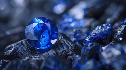 Poster - A stunning blue gemstone resting on dark rocky surfaces, showcasing its brilliance and color.