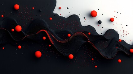 Poster - Captivating abstract composition showcasing a mesmerizing wave like pattern of crimson dots and lines cascading across a dramatic monochrome mountainscape