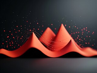 Poster - Mesmerizing wave like formation of red dots and lines cascading across mountainous shapes in a dark futuristic 3D rendering with a bright white setting