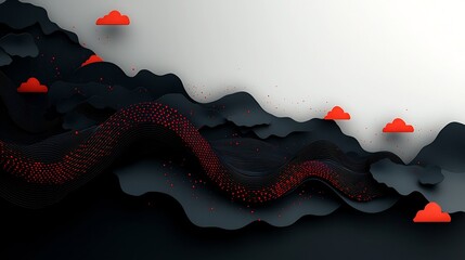 Poster - Dramatic abstract landscape with a dark mountainous backdrop and vibrant red dots and lines creating a mesmerizing wave pattern across the surface  This 3D rendering has a contemporary feel