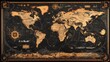 © KYR - Retro-inspired world map with dark earthy tones, emphasizing global details in an old-fashioned cartographic style.