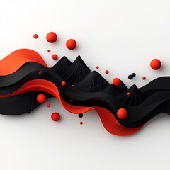 Poster - Enigmatic and Mesmerizing 3D Abstract Landscape with Kinetic Red Spheres and Ribbons Generating a Captivating Surreal Mountain Scene on a Seamless White Backdrop