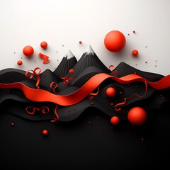 Poster - Captivating Abstract Composition with Dynamic Red Spheres and Ribbons Generating a Mesmerizing Mountain Scene on a Seamless White Backdrop