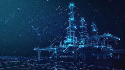 Poster - A digital representation of an oil rig, showcasing advanced technology and connectivity in the energy sector.