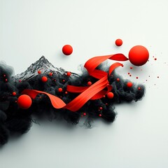 Poster - Enigmatic digital painting featuring a dynamic abstract landscape with kinetic red spheres and ribbons against a dark moody backdrop creating a mesmerizing and futuristic visual experience