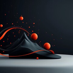 Poster - Dramatic abstract mountainous form with pulsing red orbs and curving lines in a 3D digital art scene featuring a bright white studio background and a captivating futuristic atmosphere
